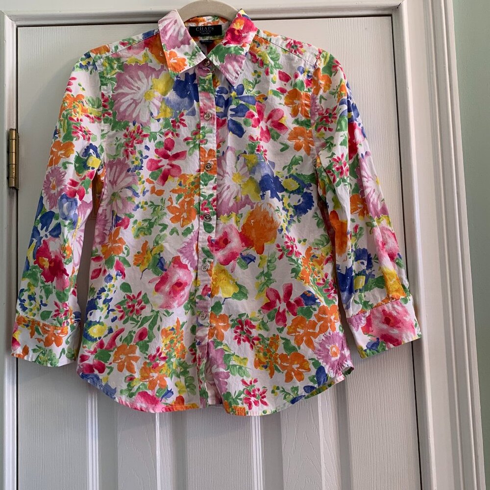 Chaps Petite Small Bright Floral Button Down Shirt